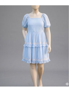 AMY BYER Light Blue Polka Dot Mini Dress with White Embroidery, Size 14